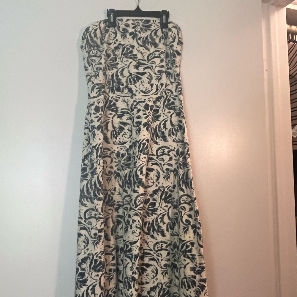 J. Crew Strapless Dress with Navy and Cream Pattern